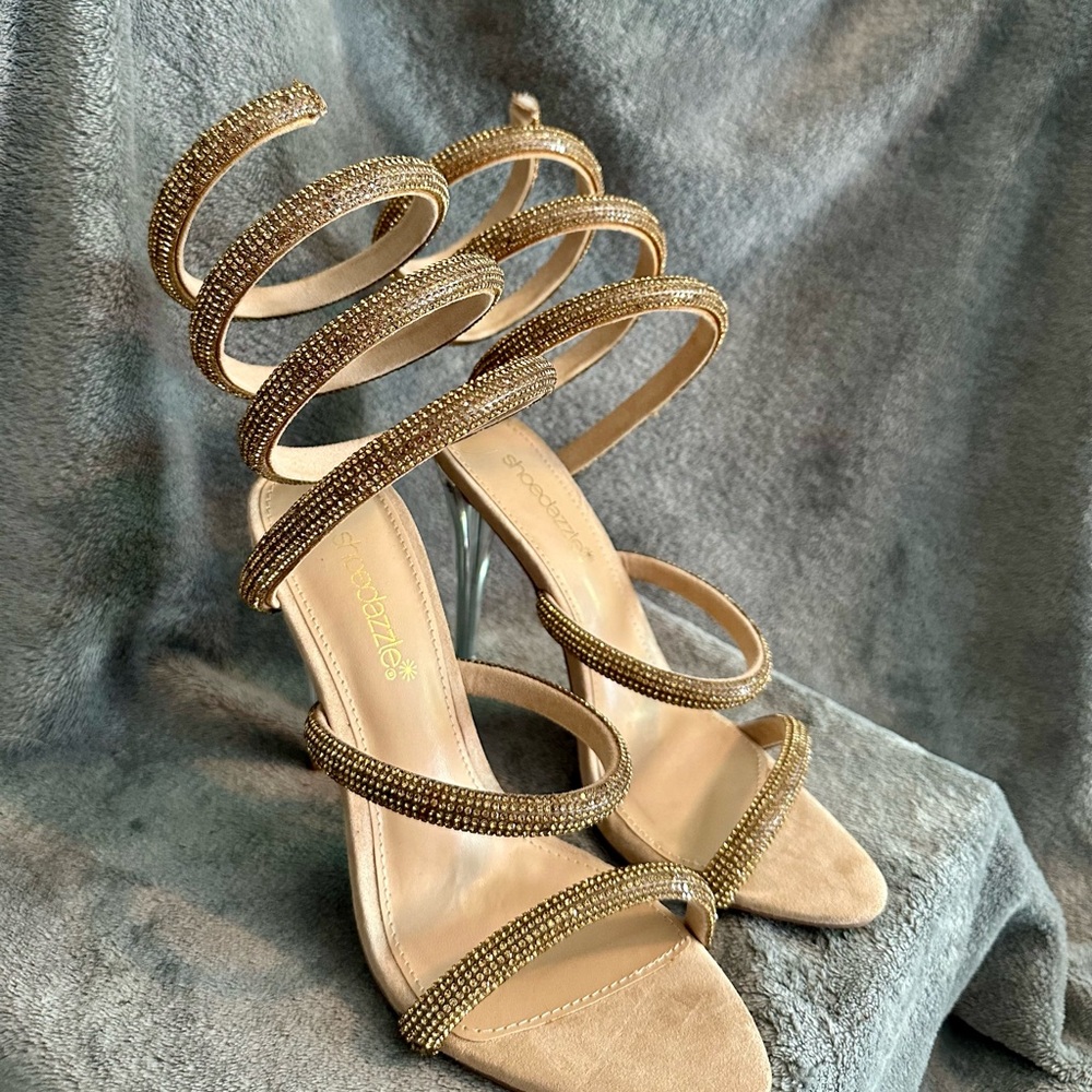 Shoe Dazzle Gold Stiletto Heels with Wrap-Around Straps
